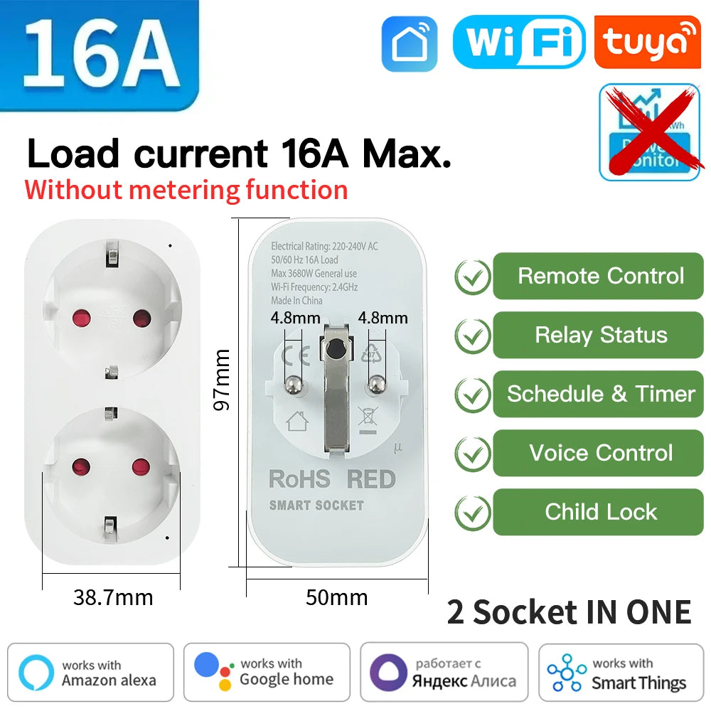 7mlemxo - Tuya Smart Socket WiFi/Zigbee3.0 EU Plug 16A/20A – Power Monitor, Timer, Voice Control, Works with Alexa & Smart Life App