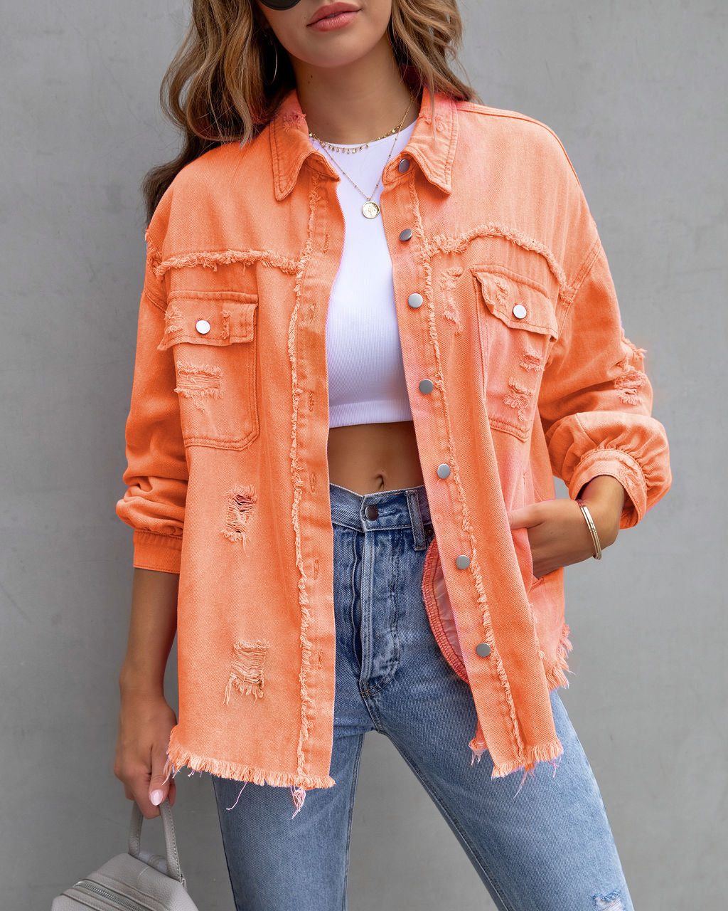 Fashion Ripped Shirt Jacket || Fashion Ripped Shirt Jacket Female Autumn And Spring Casual Tops Womens Clothing