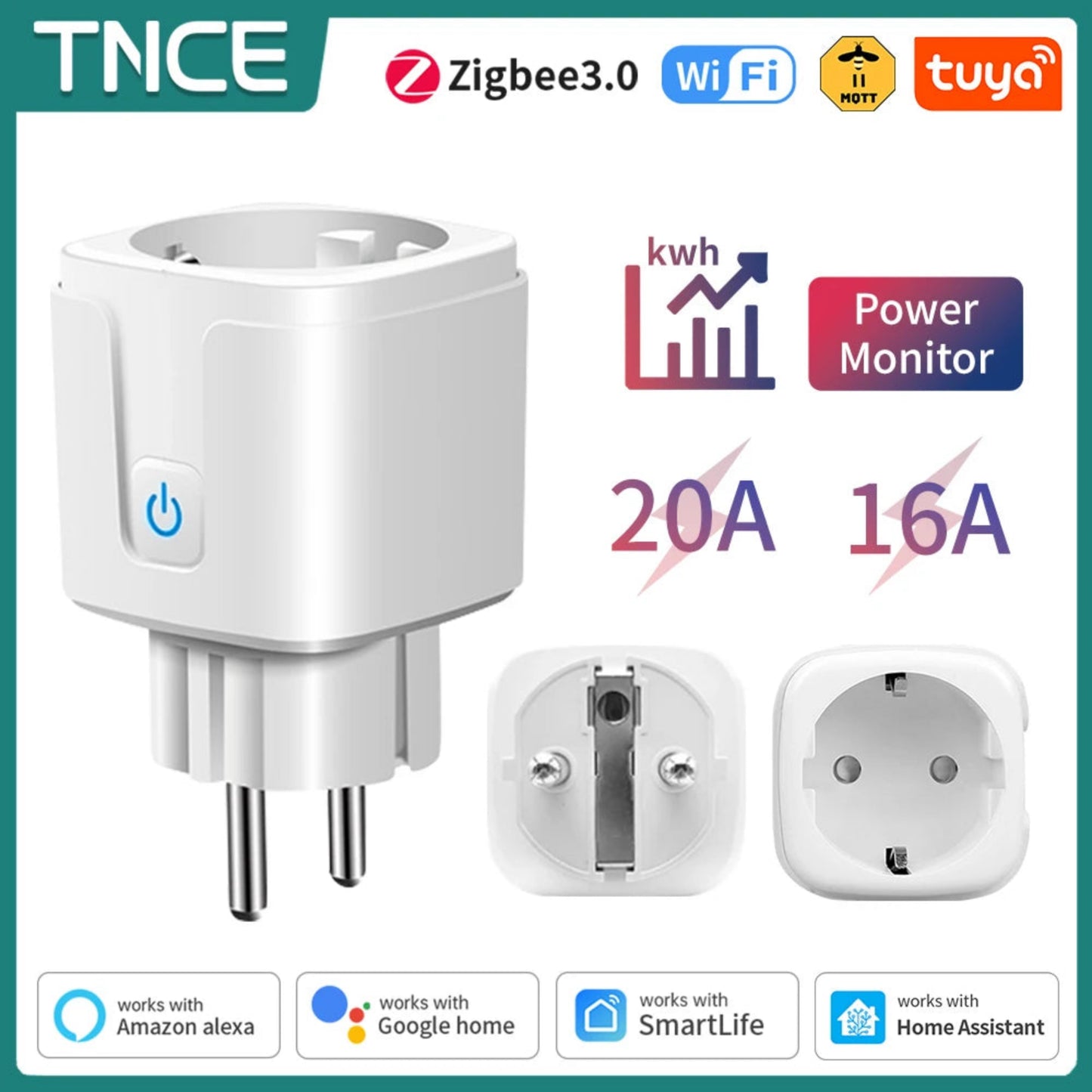 7mlemxo - Tuya Smart Socket WiFi/Zigbee3.0 EU Plug 16A/20A – Power Monitor, Timer, Voice Control, Works with Alexa & Smart Life App