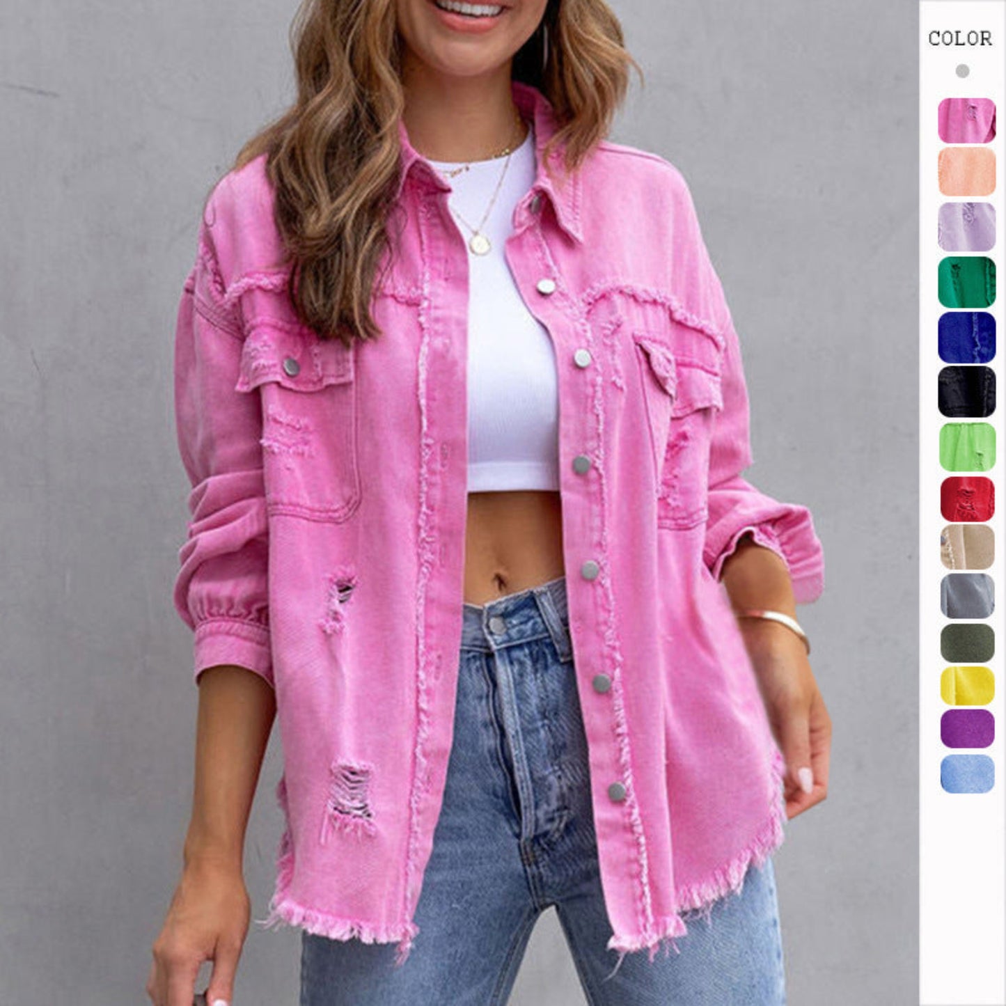 Fashion Ripped Shirt Jacket || Fashion Ripped Shirt Jacket Female Autumn And Spring Casual Tops Womens Clothing