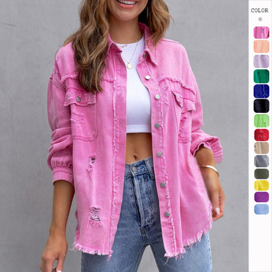 Fashion Ripped Shirt Jacket || Fashion Ripped Shirt Jacket Female Autumn And Spring Casual Tops Womens Clothing