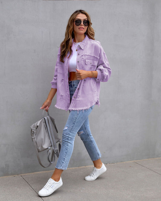 Fashion Ripped Shirt Jacket || Fashion Ripped Shirt Jacket Female Autumn And Spring Casual Tops Womens Clothing