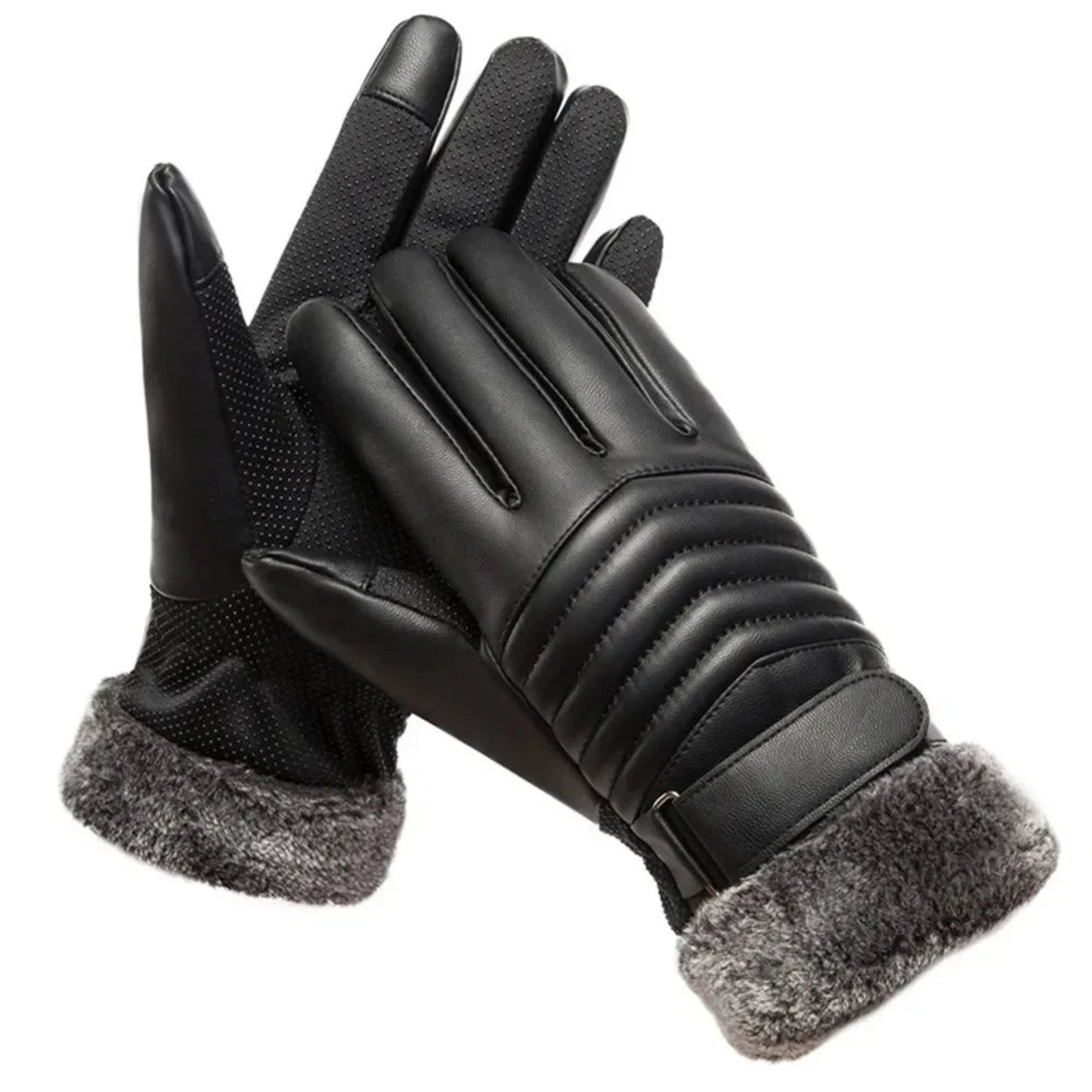 FrostGuard Men's Winter Touch Gloves - Gloves Winter MEN'S Fur Mouth Plush Insulation Gloves Outdoor Cycling Motorcycle PU Touch Screen Cotton Gloves