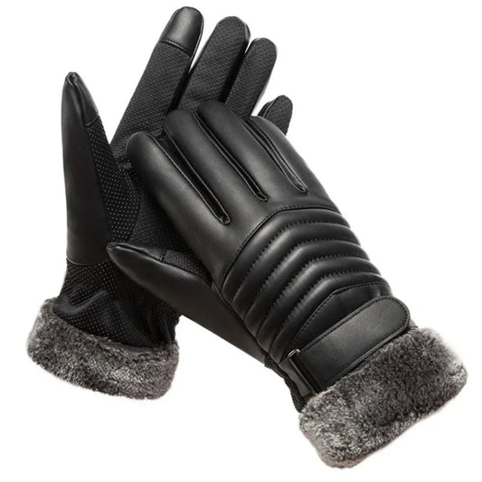 FrostGuard Men's Winter Touch Gloves - Gloves Winter MEN'S Fur Mouth Plush Insulation Gloves Outdoor Cycling Motorcycle PU Touch Screen Cotton Gloves