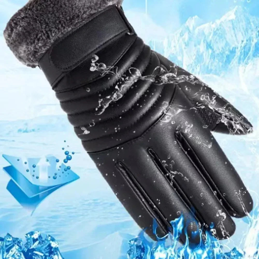 Men's Winter Touch Gloves - Gloves Winter MEN'S Fur Mouth Plush Insulation Gloves Outdoor Cycling Motorcycle PU Touch Screen Cotton Gloves