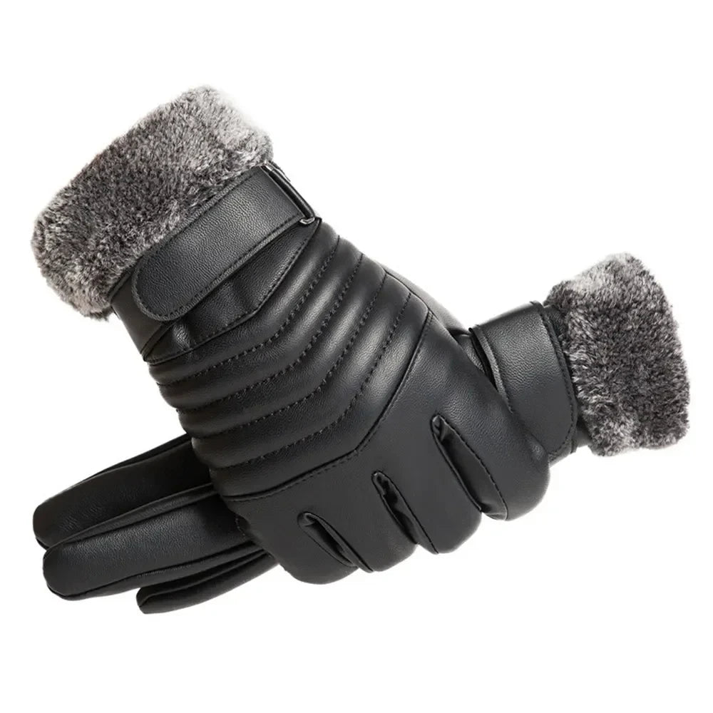 Men's Winter Touch Gloves - Gloves Winter MEN'S Fur Mouth Plush Insulation Gloves Outdoor Cycling Motorcycle PU Touch Screen Cotton Gloves