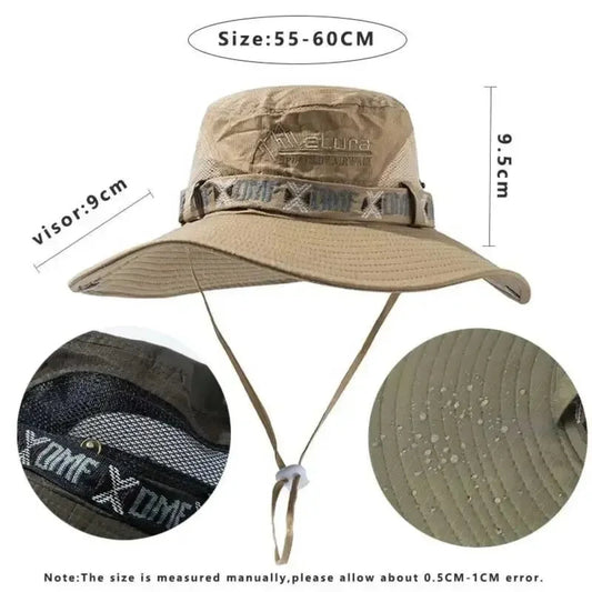  Men Bucket Hat Outdoor UV Protection Wide Brim Panama Safari Hunting Hiking Hat Mesh Fisherman Hat Beach Sunscreen Cap