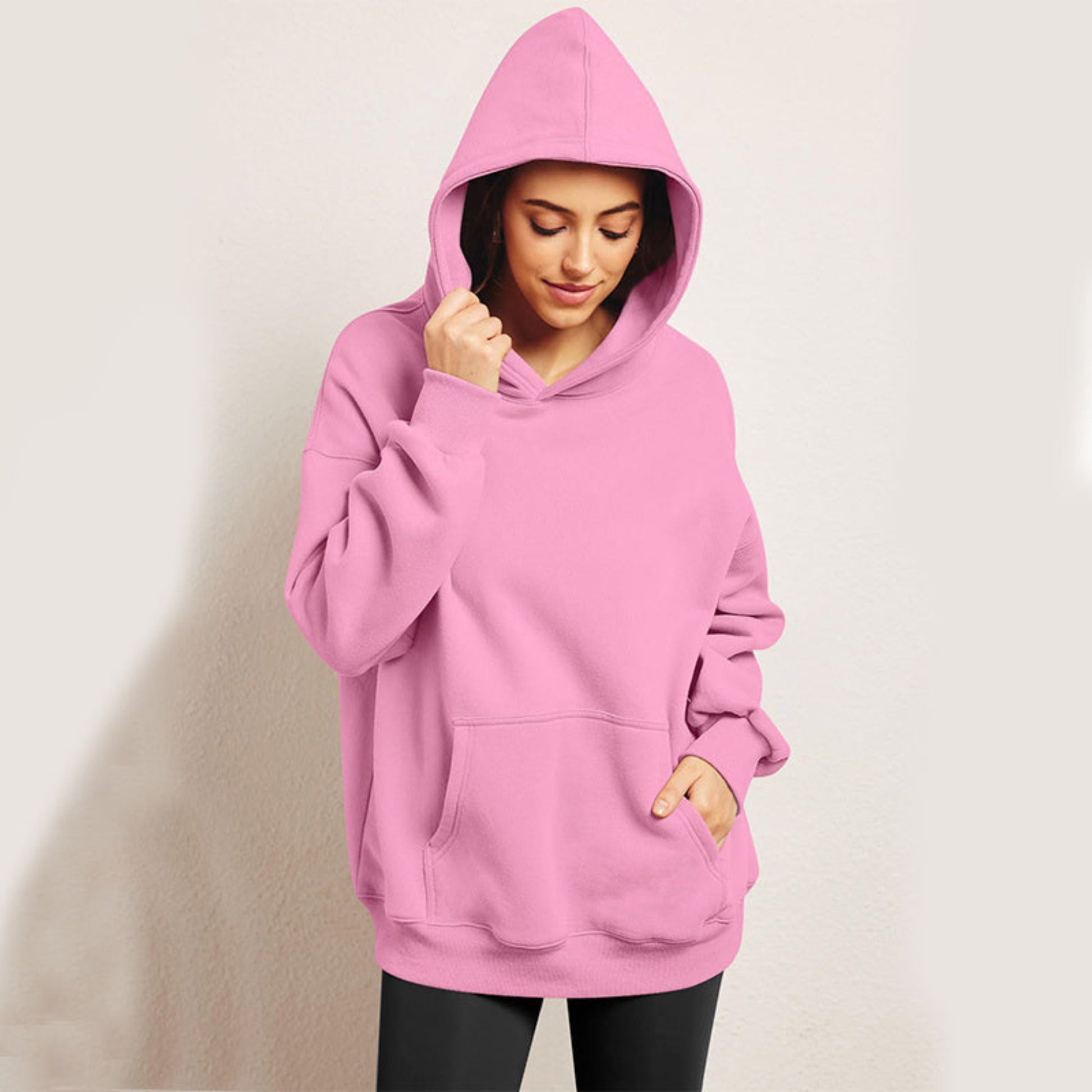 Women's Oversized Fleece Hoodie – Cozy Long Sleeve Pullover with Pocket pink