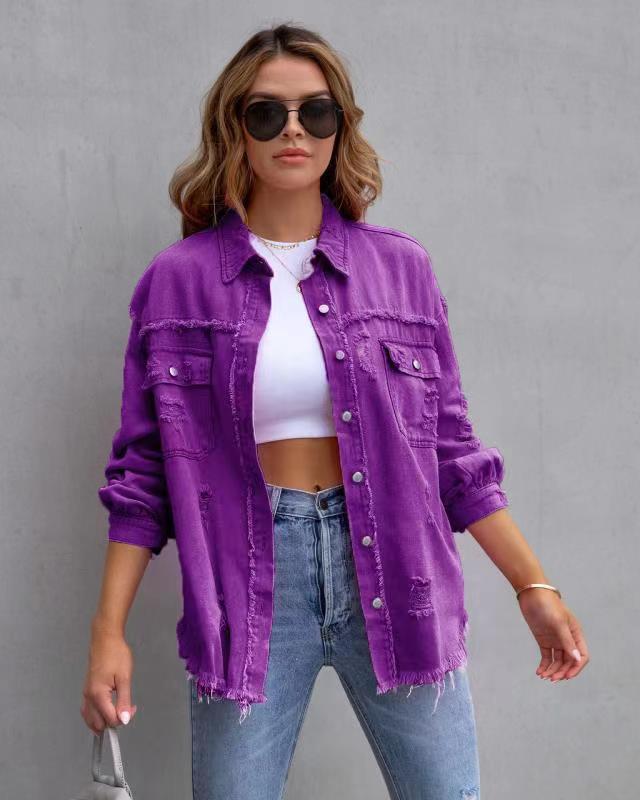 Fashion Ripped Shirt Jacket || Fashion Ripped Shirt Jacket Female Autumn And Spring Casual Tops Womens Clothing